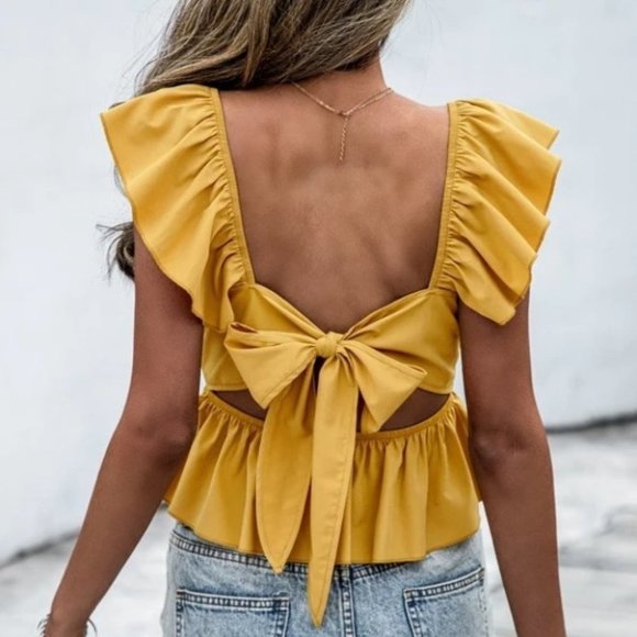 . Tops - Contemporary minimalist Ruffle Sleeve Peplum Tie Back Blouse